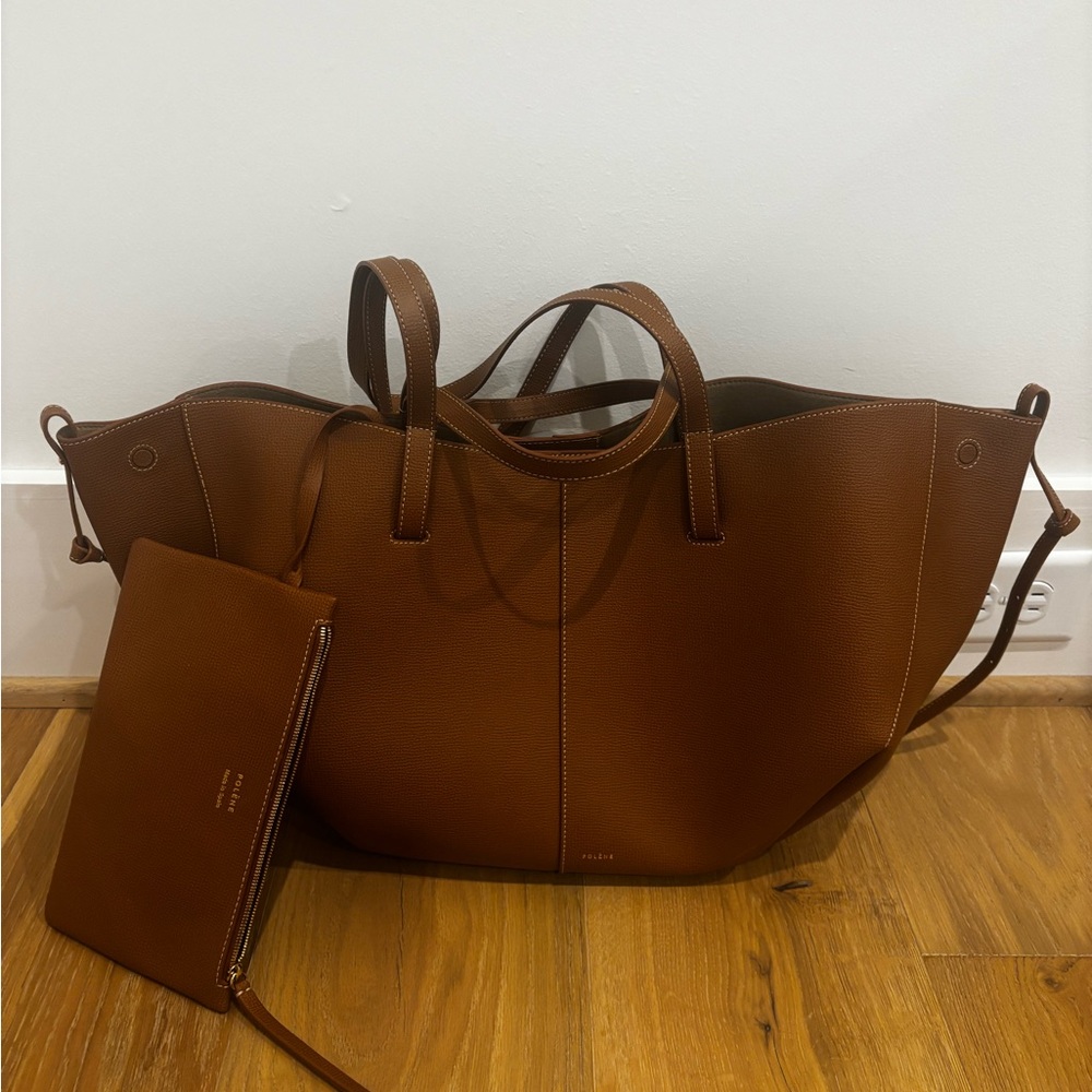 Polene Cyme Tan Leather Tote with Pouch